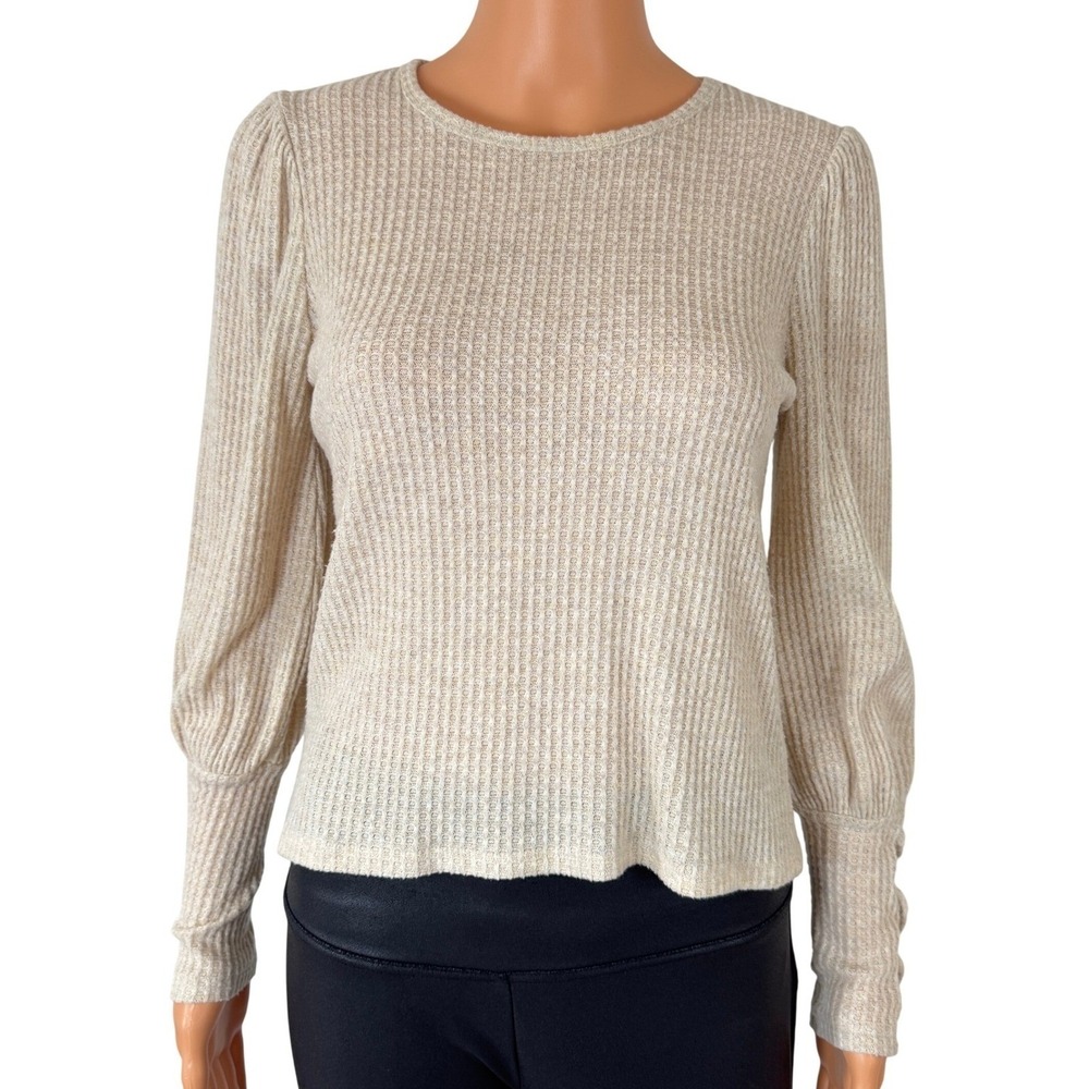 Aqua Girls Oatmeal Beige Waffle Knit Puff Sleeve Lace Up Cuff Top Large L